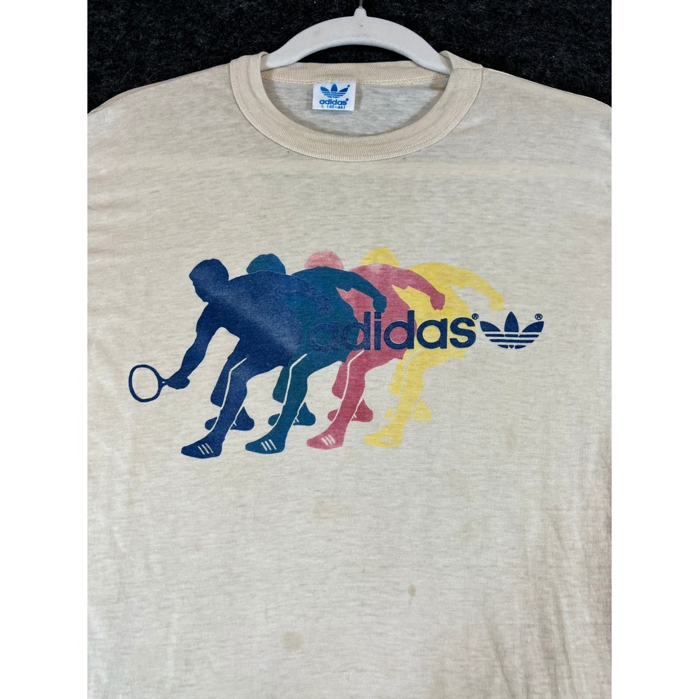 Vtg 70s Adidas Tennis Graphic Shirt Mens Large Trefoil Sports Paperthin Cotton